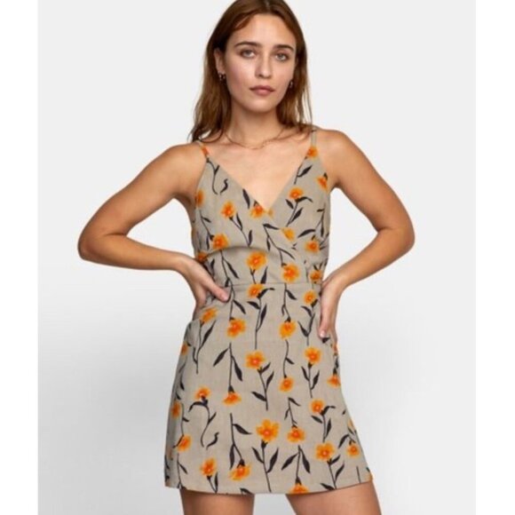 RVCA Lacey Floral Mini Dress Womens Large Beige Adjustable Spaghetti Strap Tank - Picture 1 of 10